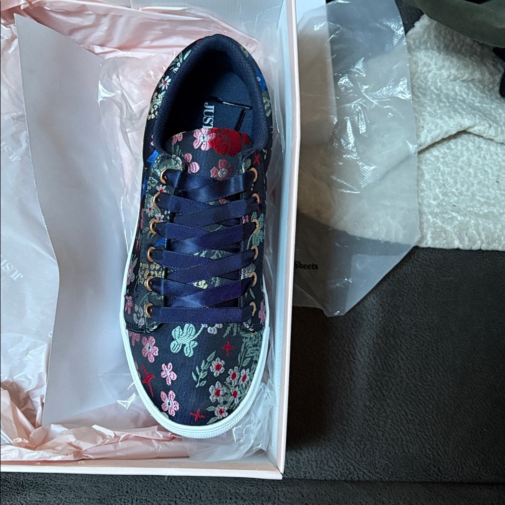 JustFab Floral Embroidered Sneakers - Navy and Multicolor